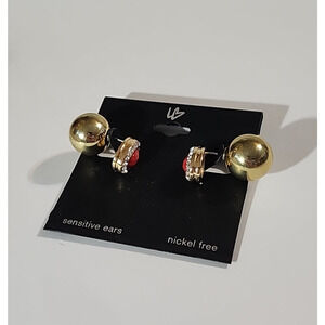 G by Gennaro Teardrop Earrings Gold Color Double Sided Ball Red Rhinestones